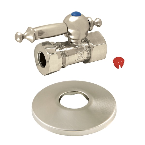 Kingston Brass 1/2" FIP X 1/2" or 7/16" Slip Joint Quarter-Turn Straight Stop Valve with Flange, Brushed Nickel CC44158TLK - main